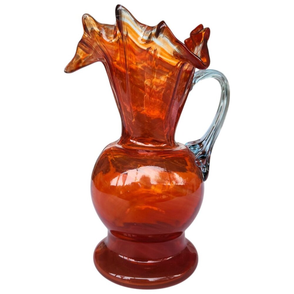 Vintage Fenton Orange Swirl Ruffled Fluted Pitcher Vase 7” x 3” Blue Tint Handle
